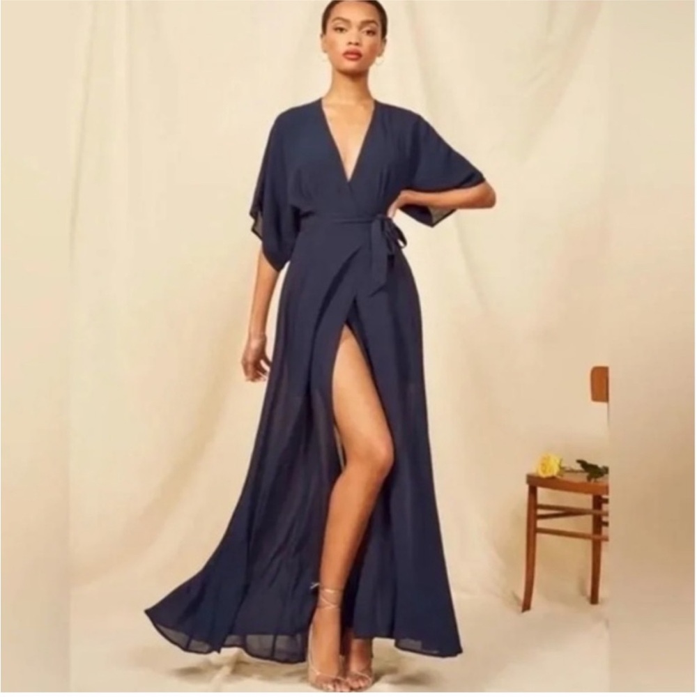 Reformation Winslow Navy Wrap Maxi Dress with Slit Detail